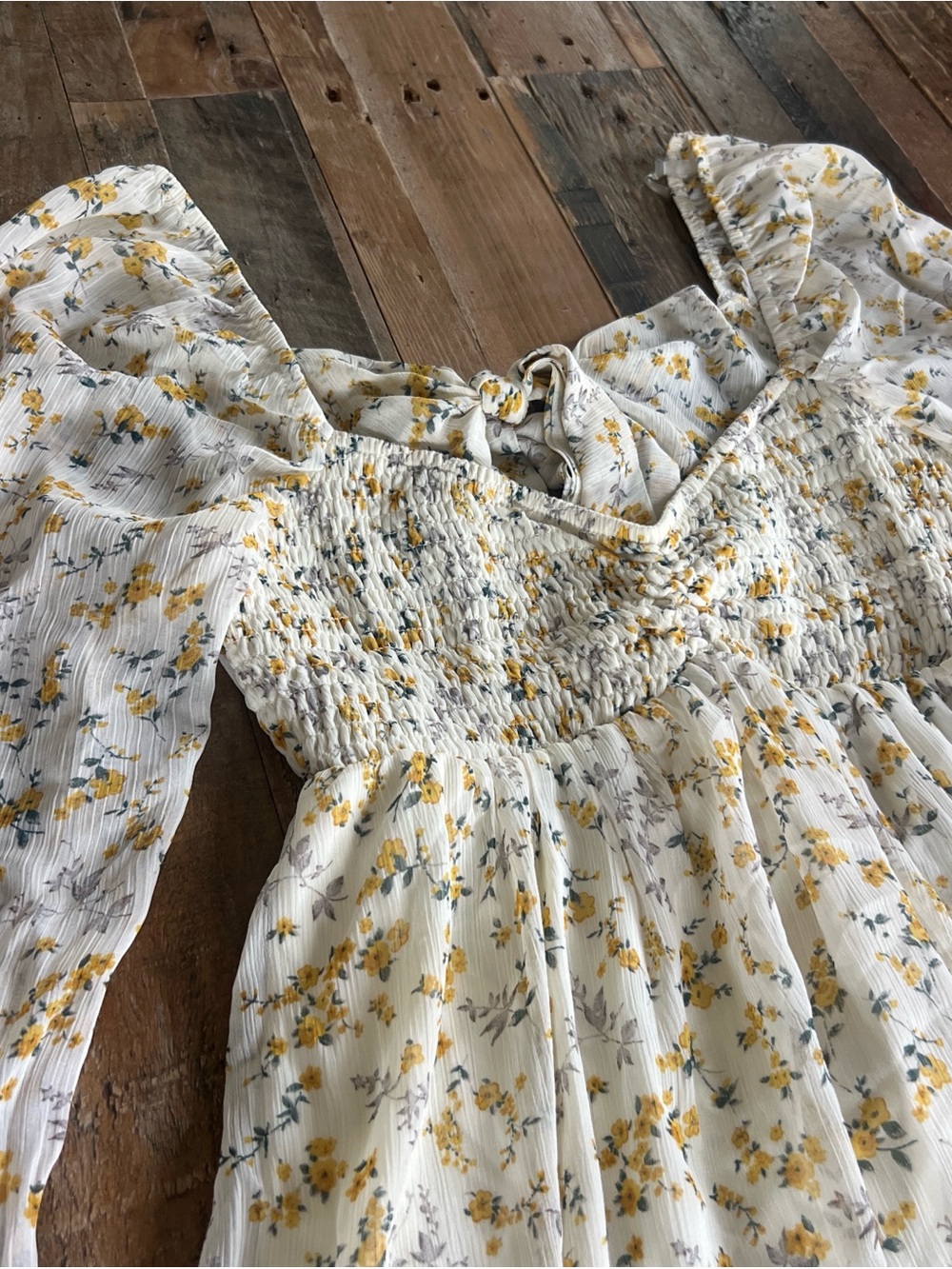 White Floral Smocked Babydoll Dress - Yellow Flower Print - Picture 4 of 5